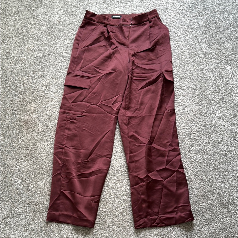 Express Burgundy Women's Wide Leg Satin Cargo in Rum Raisin